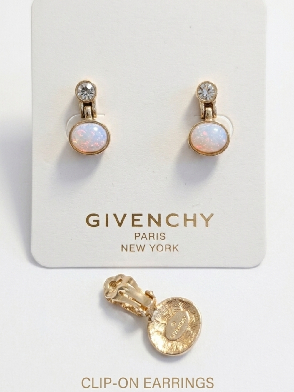 RARE 1980s Givenchy Faux Opal and Crystal Clip on Earrings - Picture 4 of 16